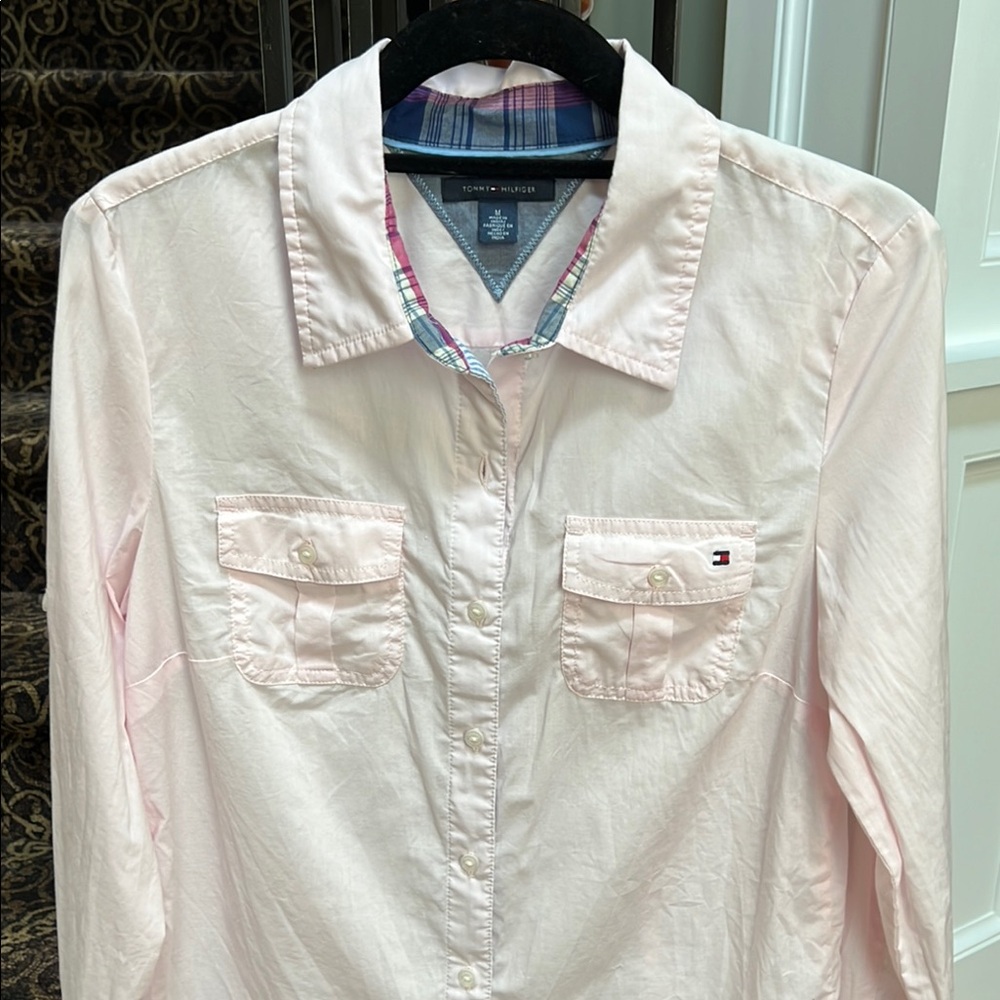 💕Tommy Hilfiger baby Pink Button-Up Shirt with Plaid Collar/cuffs
